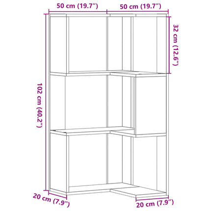 bogreol til hjørne 50x50x102 cm 3 hylder konstrueret træ hvid