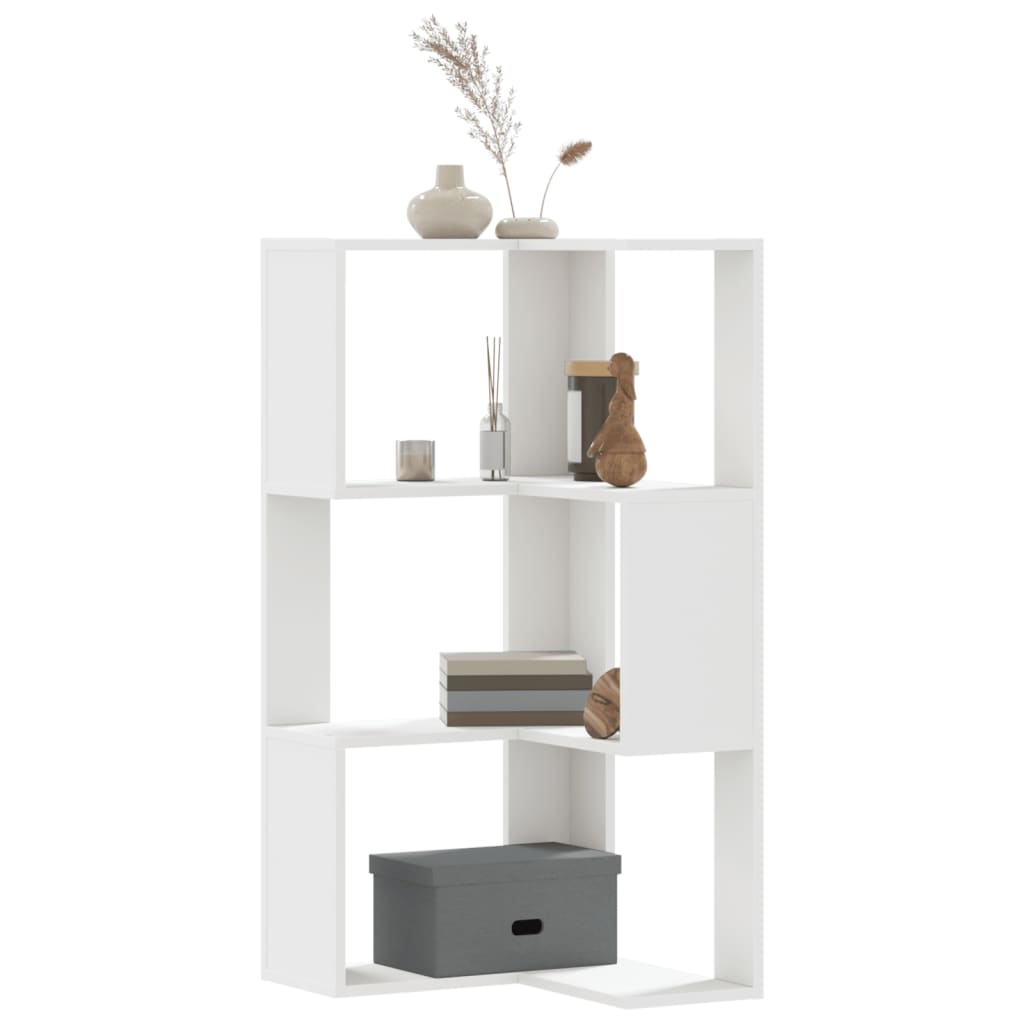 bogreol til hjørne 50x50x102 cm 3 hylder konstrueret træ hvid