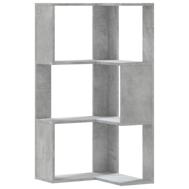 bogreol til hjørne 50x50x102cm 3hylder konstrueret træ betongrå
