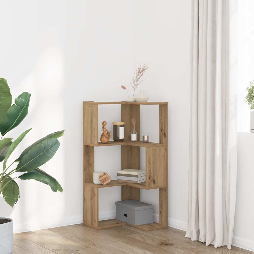 bogreol til hjørne 50x50x102 cm 3 hylder konstrueret træ egetræ