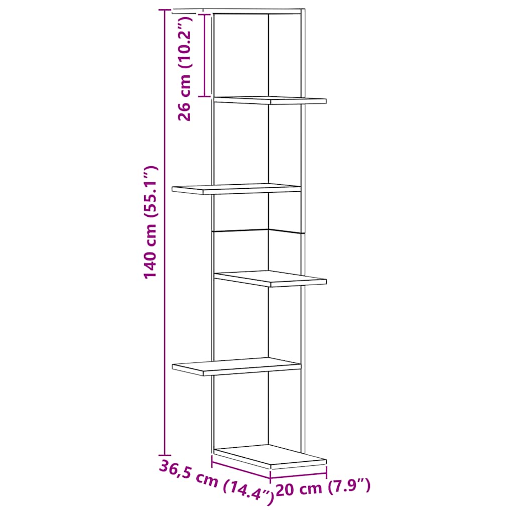 væghængt hjørnehylde 36,5x36,5x140 cm konstrueret træ eg