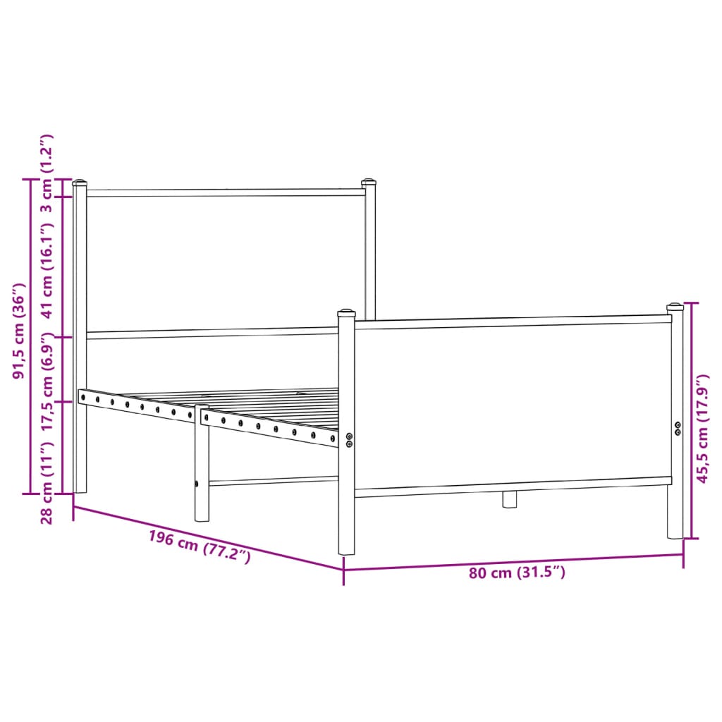 sengeramme 75x190 cm uden madras metal brun egetræsfarve