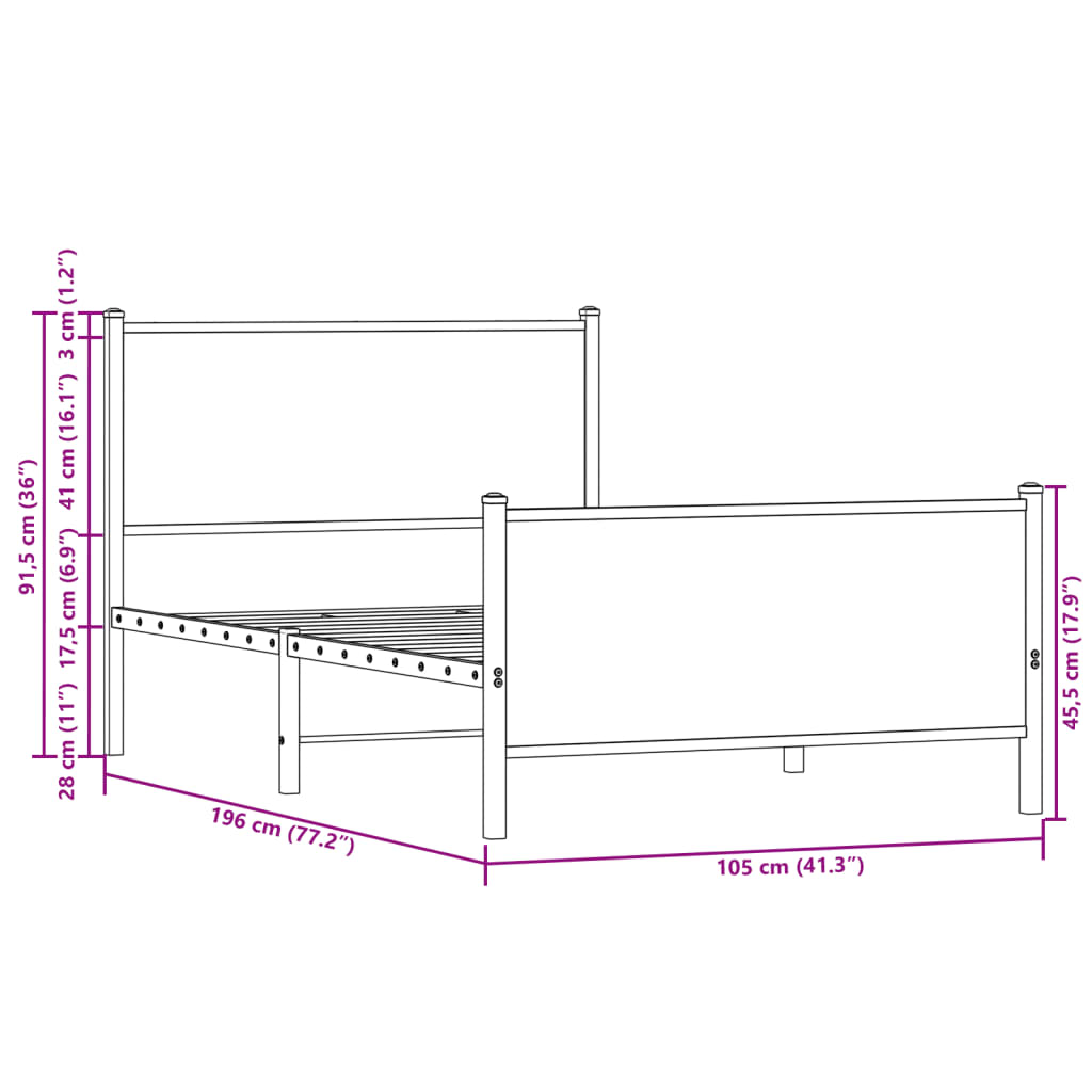 sengeramme 100x190 cm uden madras metal brun egetræsfarve