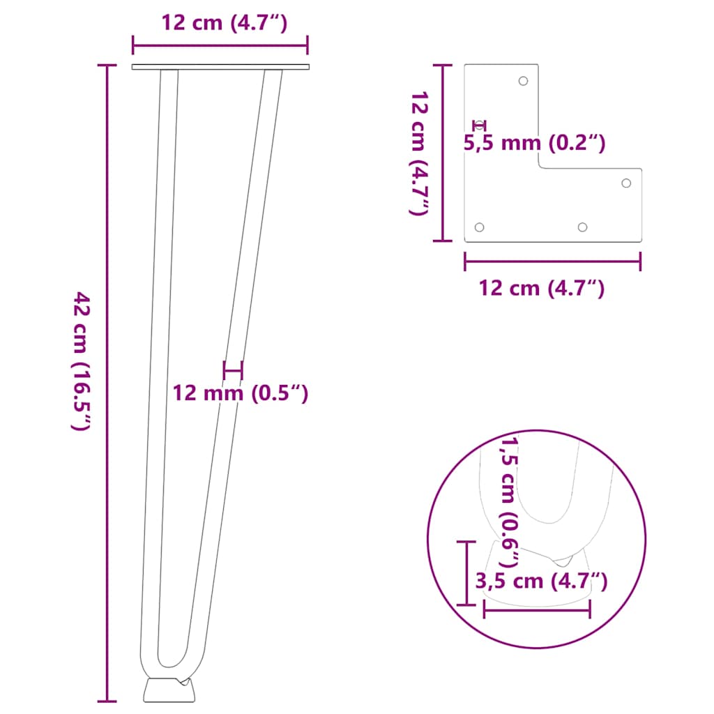 hårnåleben til sofabord 4 stk. naturstål 42 cm massivt stål