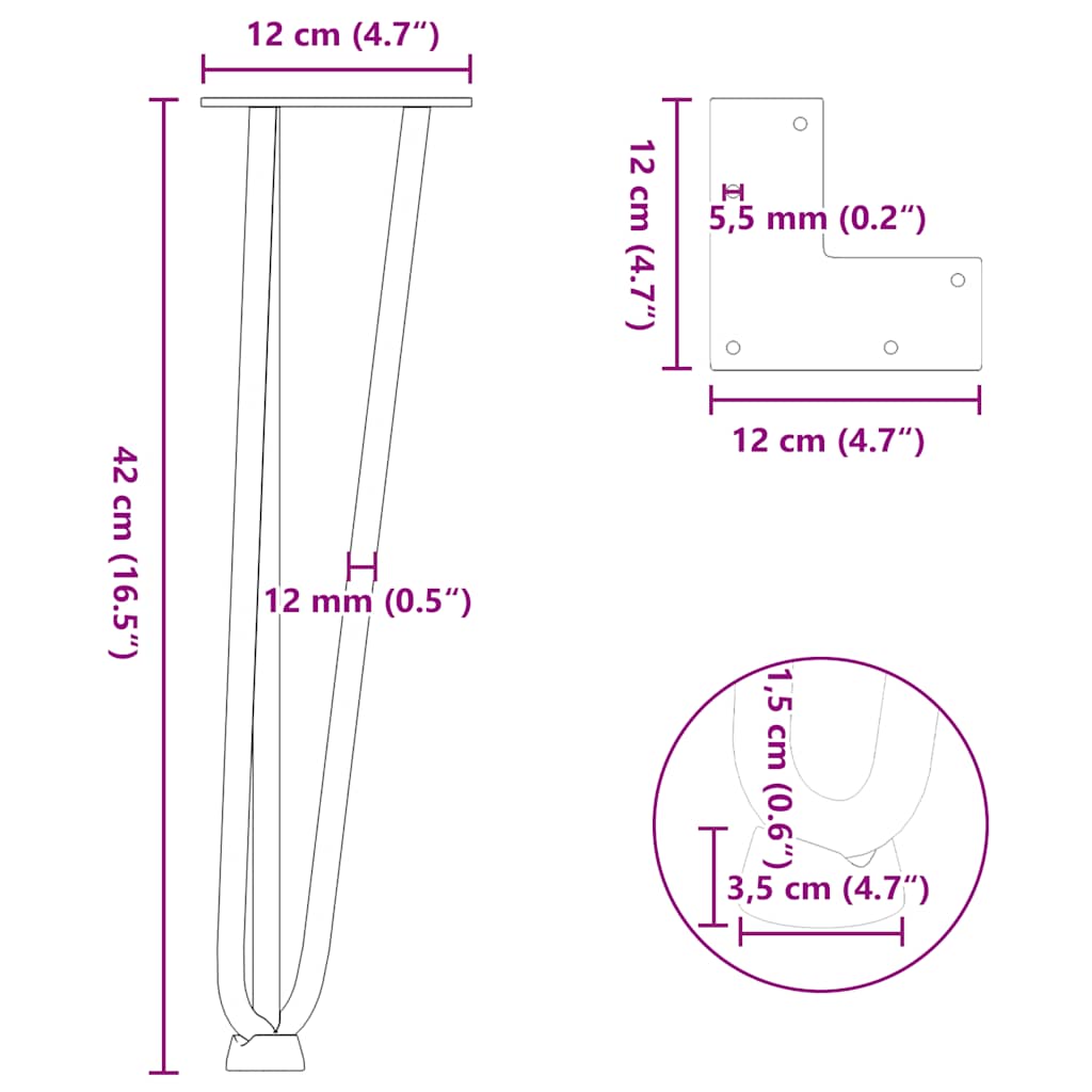 hårnåleben til sofabord 4 stk. naturstål 42 cm massivt stål
