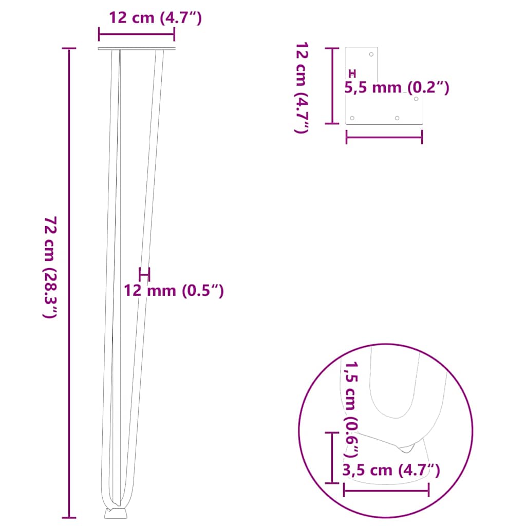 hårnåleben til konsolborde 4 stk. antracit 72 cm massivt stål