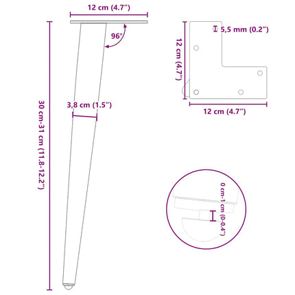 sofabordben konisk form 4 stk. sort 30-31 cm stål
