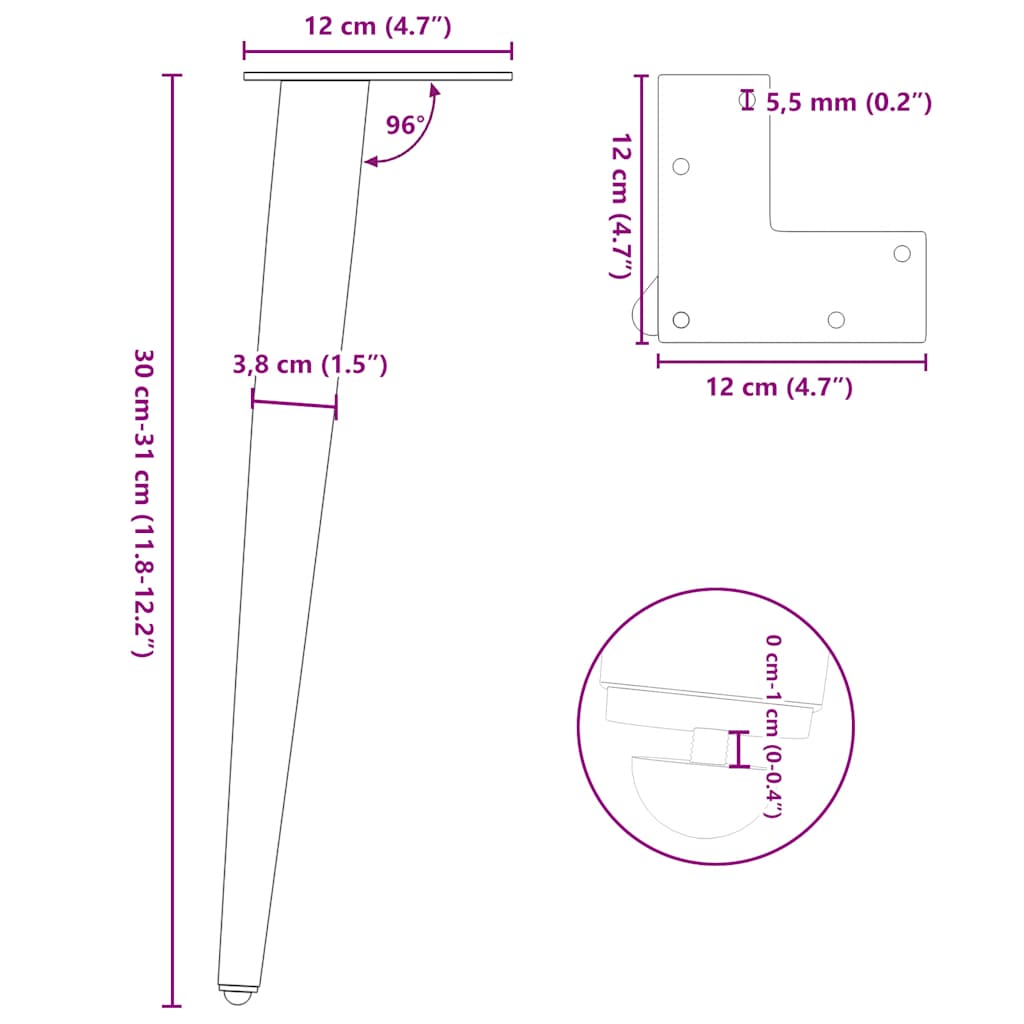 sofabordben konisk form 4 stk. hvid 30-31 cm stål