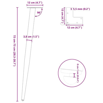 konsolbordben konisk form 4 stk. sort 72-73 cm stål