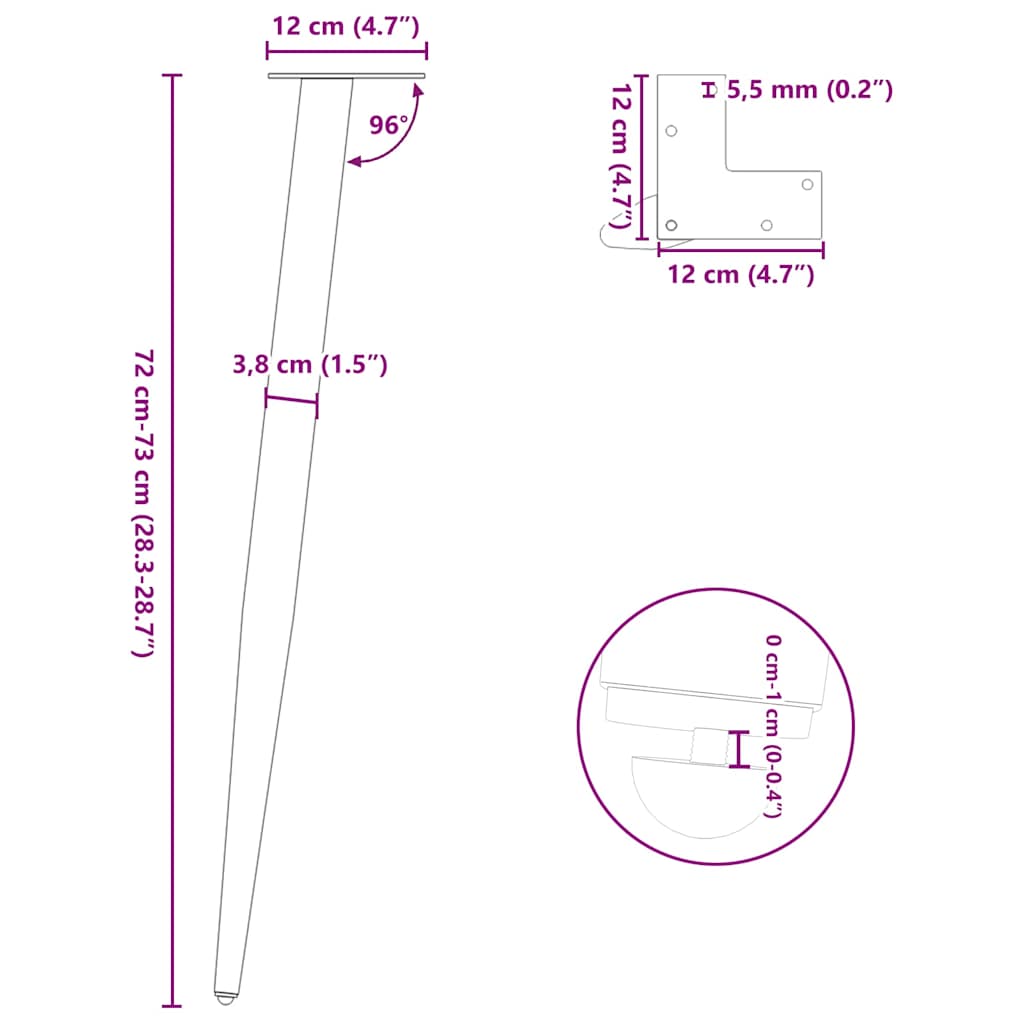 konsolbordben konisk form 4 stk. antracit 72-73 cm stål