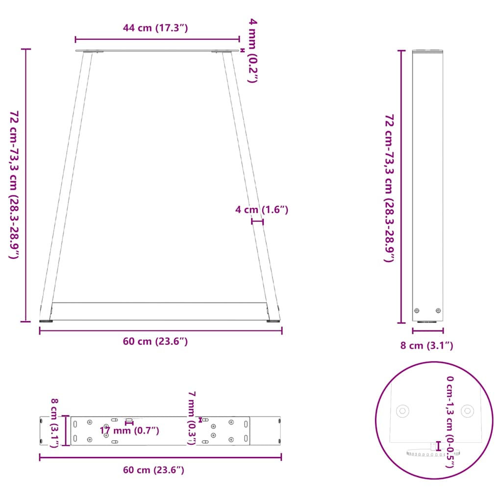 spisebordsben V-formet 2 stk. sort 60 x (72-73,3) cm stål