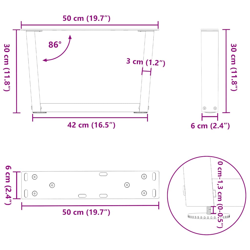sofabordsben V-formet 2 stk. naturstål 50x(30-31,3) cm stål