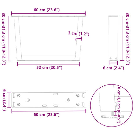 sofabordsben V-formet 2 stk. hvid 60 x (30-31,3) cm stål