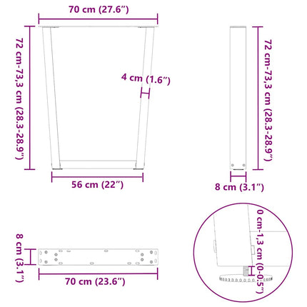 spisebordsben V-formet 2 stk. naturstål 70 x (72-73,3) cm stål