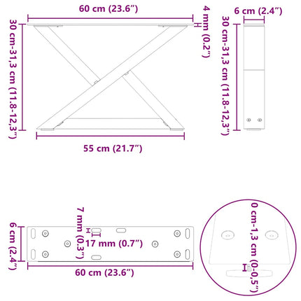 sofabordsben 2 stk. naturstål 60 x (30-31,3) cm stål