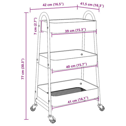 Opbevaringsvogn 3 hylder sort 42x41,5x77 cm stål