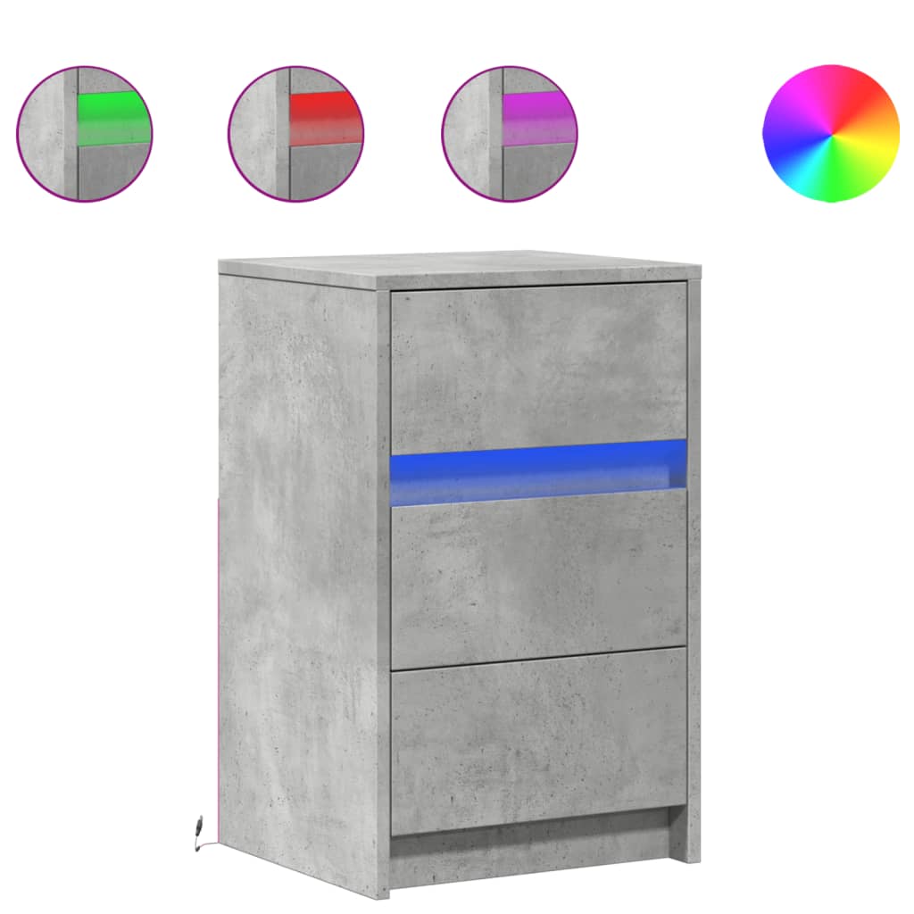 sengebord med LED-lys konstrueret træ betongrå