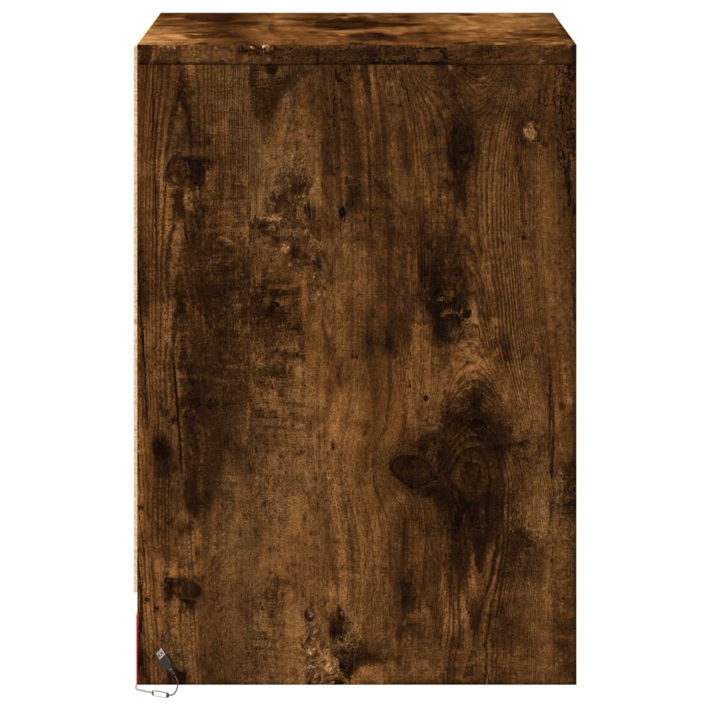 sengebord med LED-lys konstrueret træ røget egetræsfarve