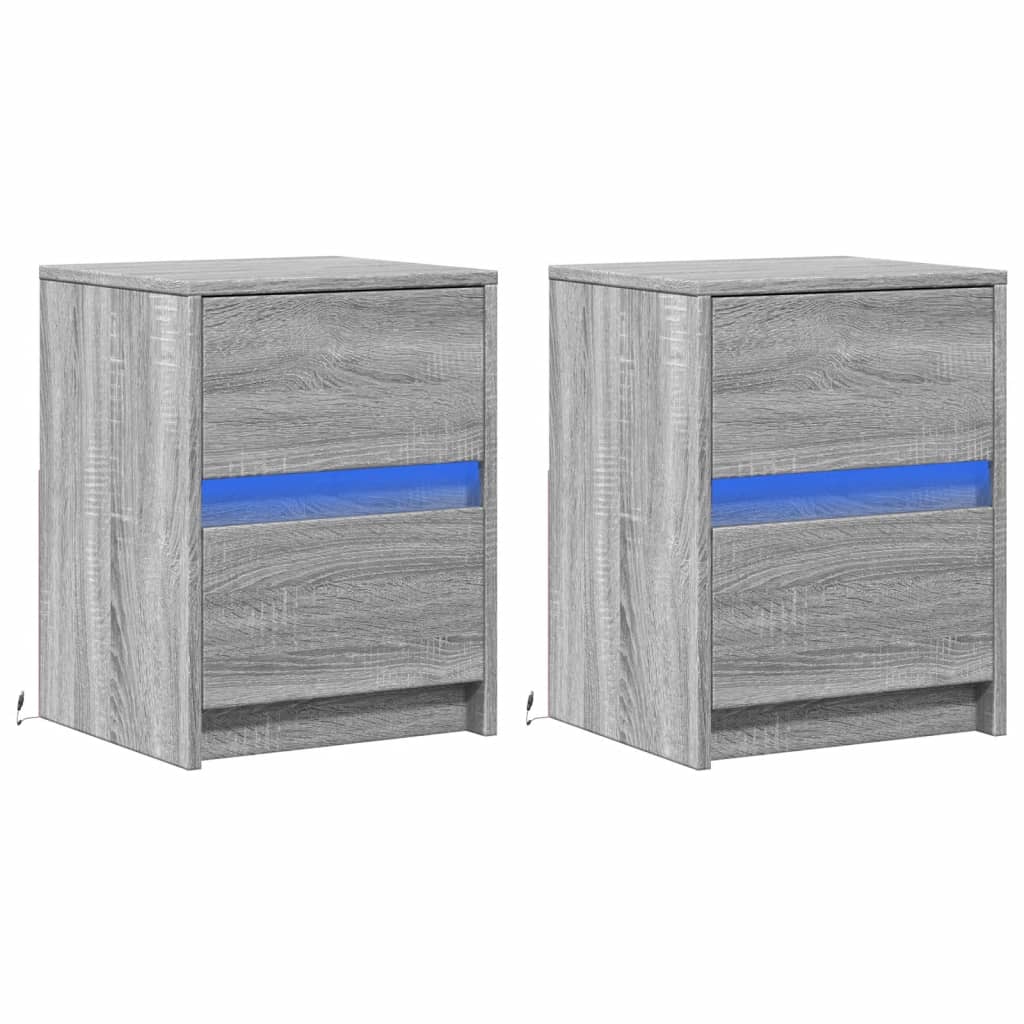 sengeborde 2 stk. med LED-lys konstrueret træ grå sonoma-eg