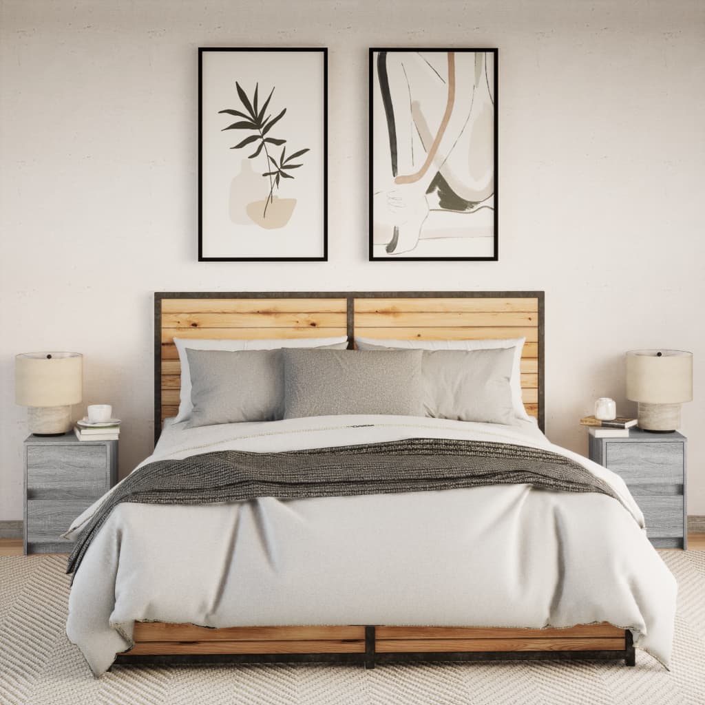 sengeborde 2 stk. med LED-lys konstrueret træ grå sonoma-eg