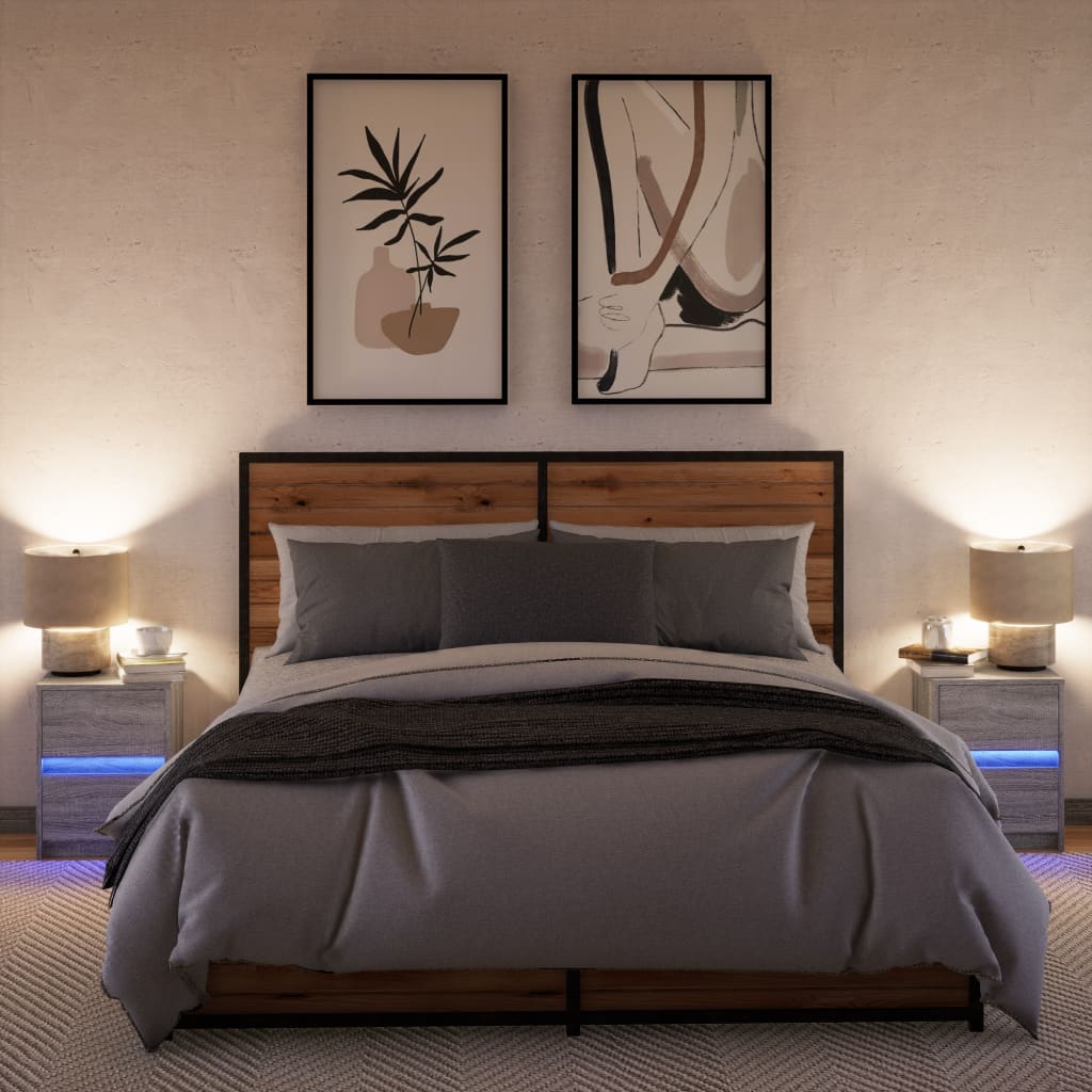 sengeborde 2 stk. med LED-lys konstrueret træ grå sonoma-eg