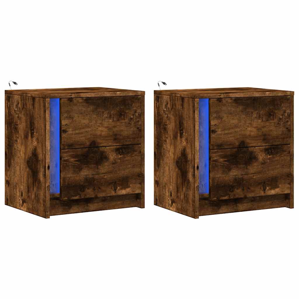 sengeborde 2 stk. med LED-lys konstrueret træ røget egetræ