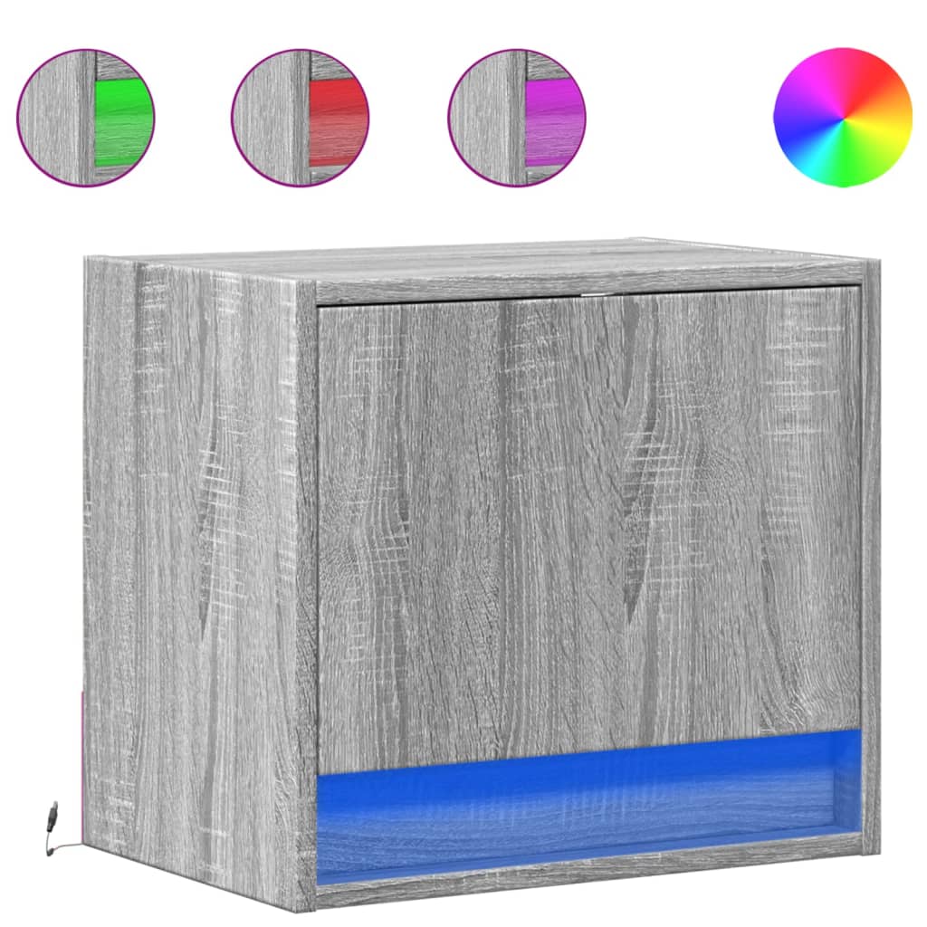 væghængte sengeborde 2 stk. med LED-lys grå sonoma-eg