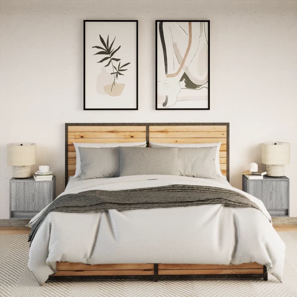 væghængte sengeborde 2 stk. med LED-lys grå sonoma-eg