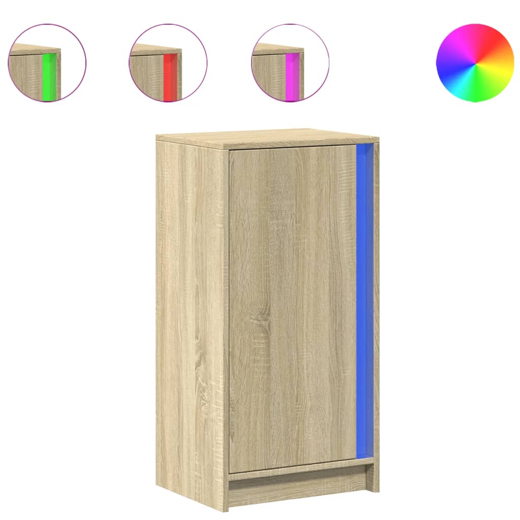 skab med LED-lys 42,5x34x85 cm konstrueret træ røget eg