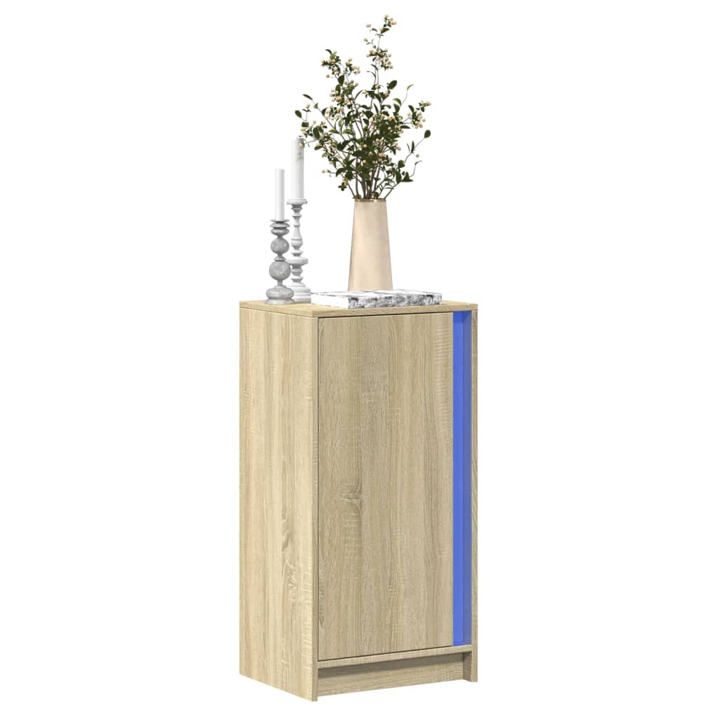 skab med LED-lys 42,5x34x85 cm konstrueret træ røget eg