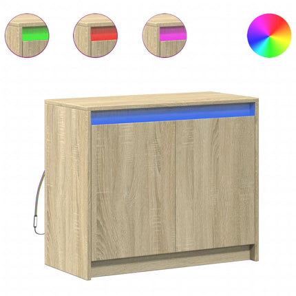 skab med LED-lys 72x34x61 cm konstrueret træ røget egetræsfarve