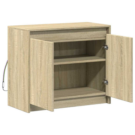 skab med LED-lys 72x34x61 cm konstrueret træ røget egetræsfarve