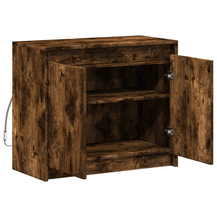 skab med LED-lys 72x34x61 cm konstrueret træ røget egetræsfarve