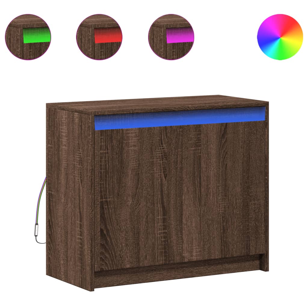 skab med LED-lys 72x34x61 cm konstrueret træ brun egetræsfarve