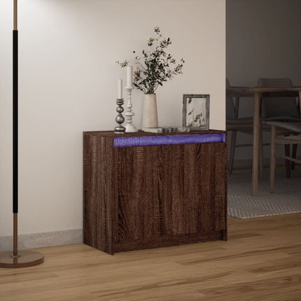 skab med LED-lys 72x34x61 cm konstrueret træ brun egetræsfarve