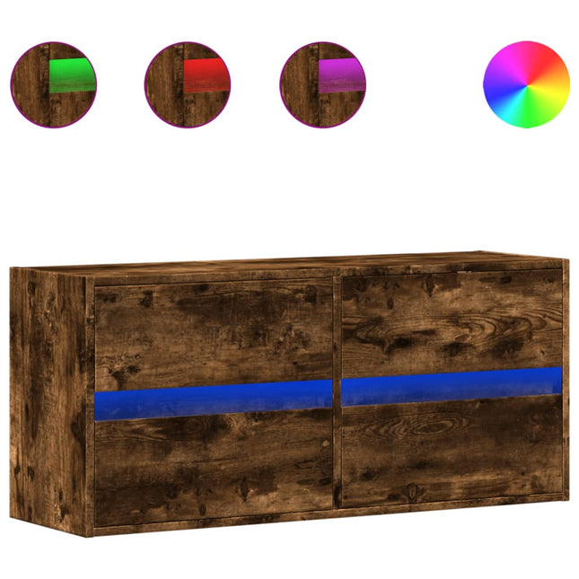 væghængt tv-bord med LED-lys 100x31x45 cm røget egetræsfarve