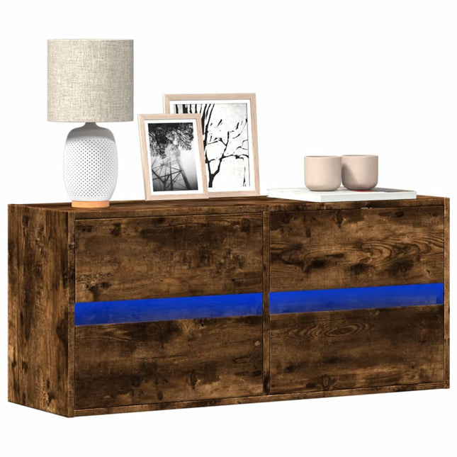 væghængt tv-bord med LED-lys 100x31x45 cm røget egetræsfarve