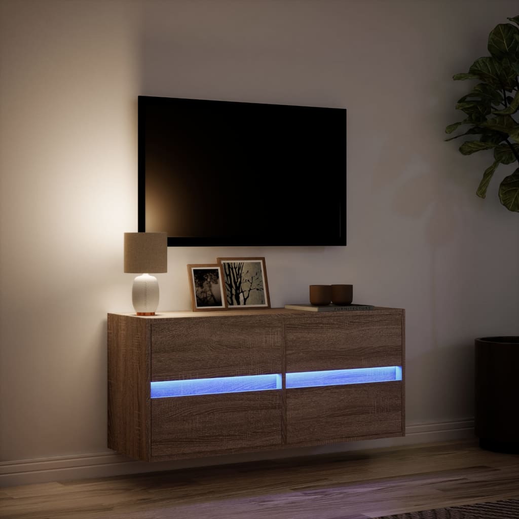 væghængt tv-bord med LED-lys 100x31x45 cm brun egetræsfarve