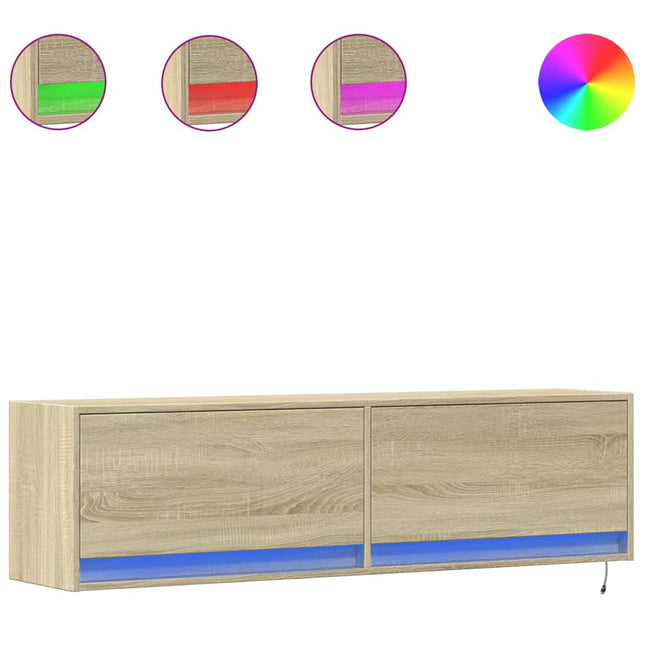 væghængt tv-bord med LED-lys 140x31x38 cm sonoma-eg