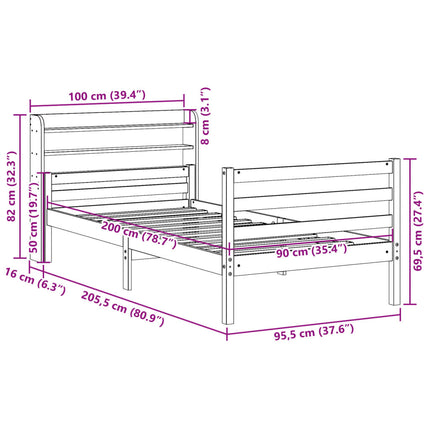 sengeramme med sengegavl 90x200 cm massivt fyrretræ