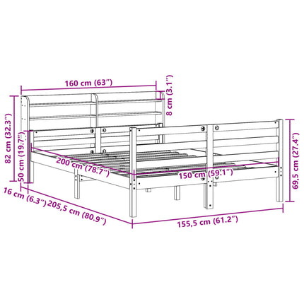 sengeramme med sengegavl 150x200 cm massivt fyrretræ