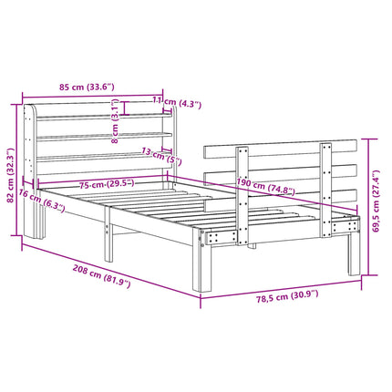 sengeramme med sengegavl 75x190 cm massivt fyrretræ gyldenbrun