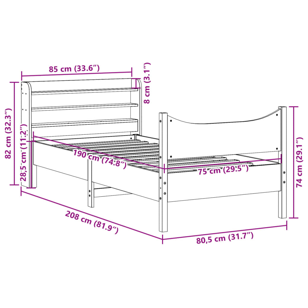 sengeramme med sengegavl 75x190 cm massivt fyrretræ