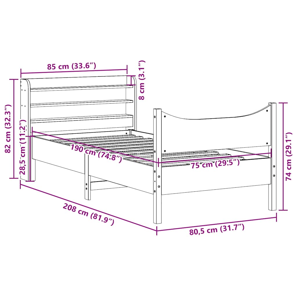 sengeramme med sengegavl 75x190 cm massivt fyrretræ hvid