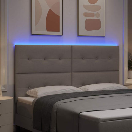 LED sengegavl med LED-lysstrimler Gråbrun 180 cm Stof