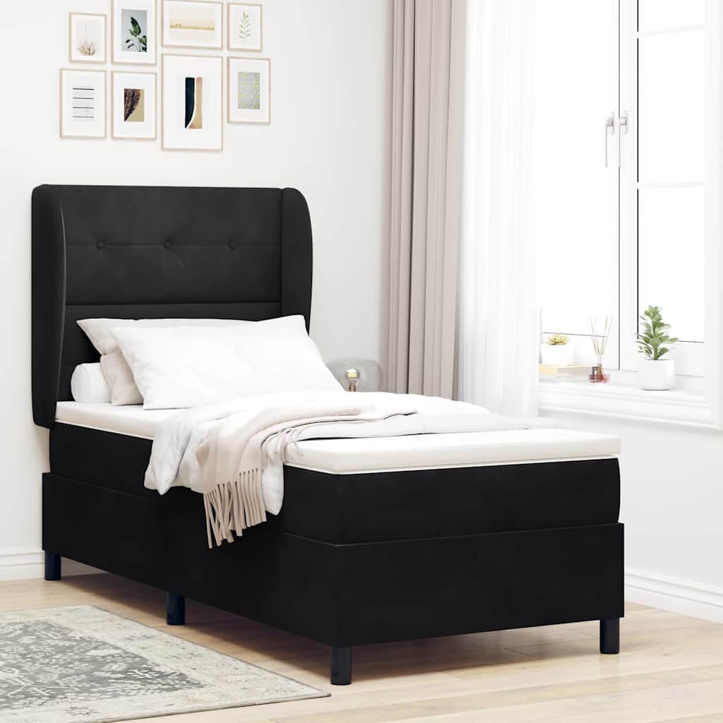 Box Spring Seng Med Hovedgærde Fløjl - Sort / 100 X 200 cm / Knap-tuftet
