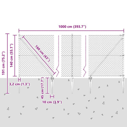 Kædehegn med pigge 10 x 1,4 m Galvaniseret stål Sølv Mesh