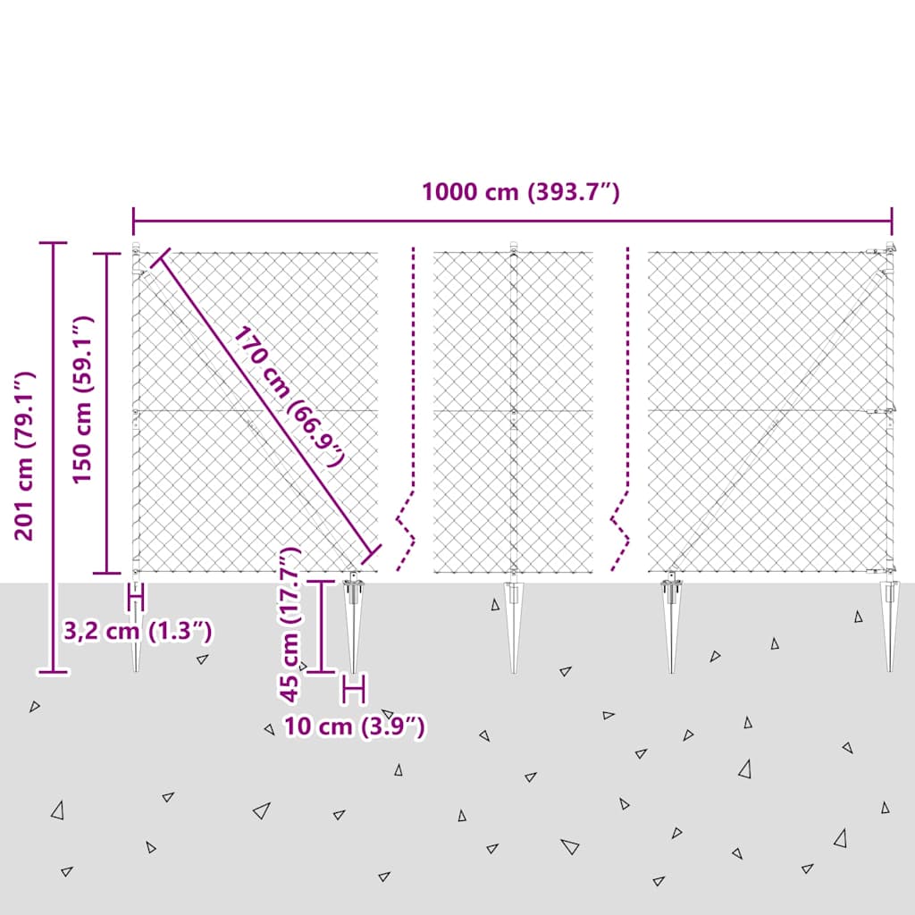 Svejset trådhegn med spidser 10 x 1,5 m (B x H)