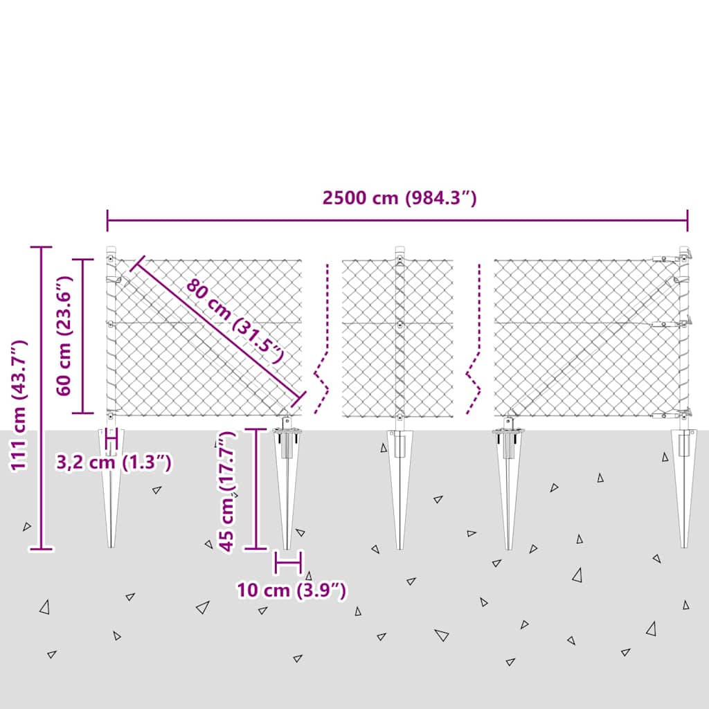 Svejset trådhegn med spidser 25 x 0,6 m (B x H)