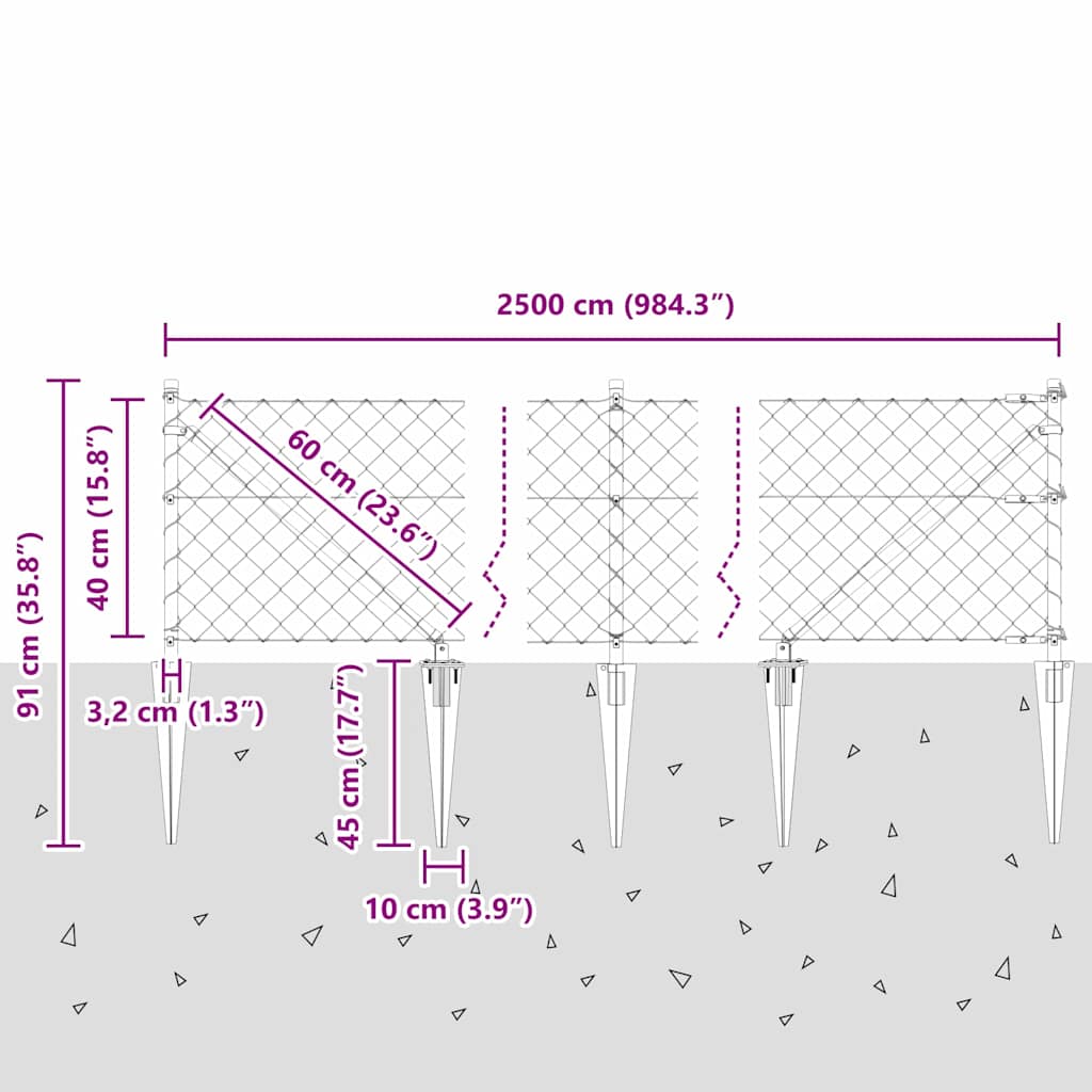 Svejset trådhegn med spidser 25 x 0,4 m (B x H)
